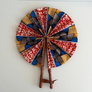 Vintage‎ African Fabric Folding Fan Handmade Leather Handle Abstract